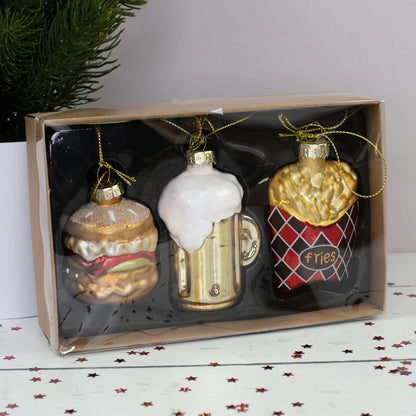 Glas-Baumschmuck Fast Food 3er Set mit Burger, Bier und Pommes in Geschenkverpackung