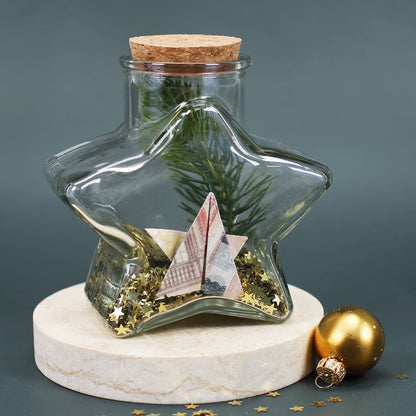 Glasflasche in Sternform mit Korken für DIY Dekorationen & raffinierte Geldgeschenke zum selber Dekorieren & Gestalten –