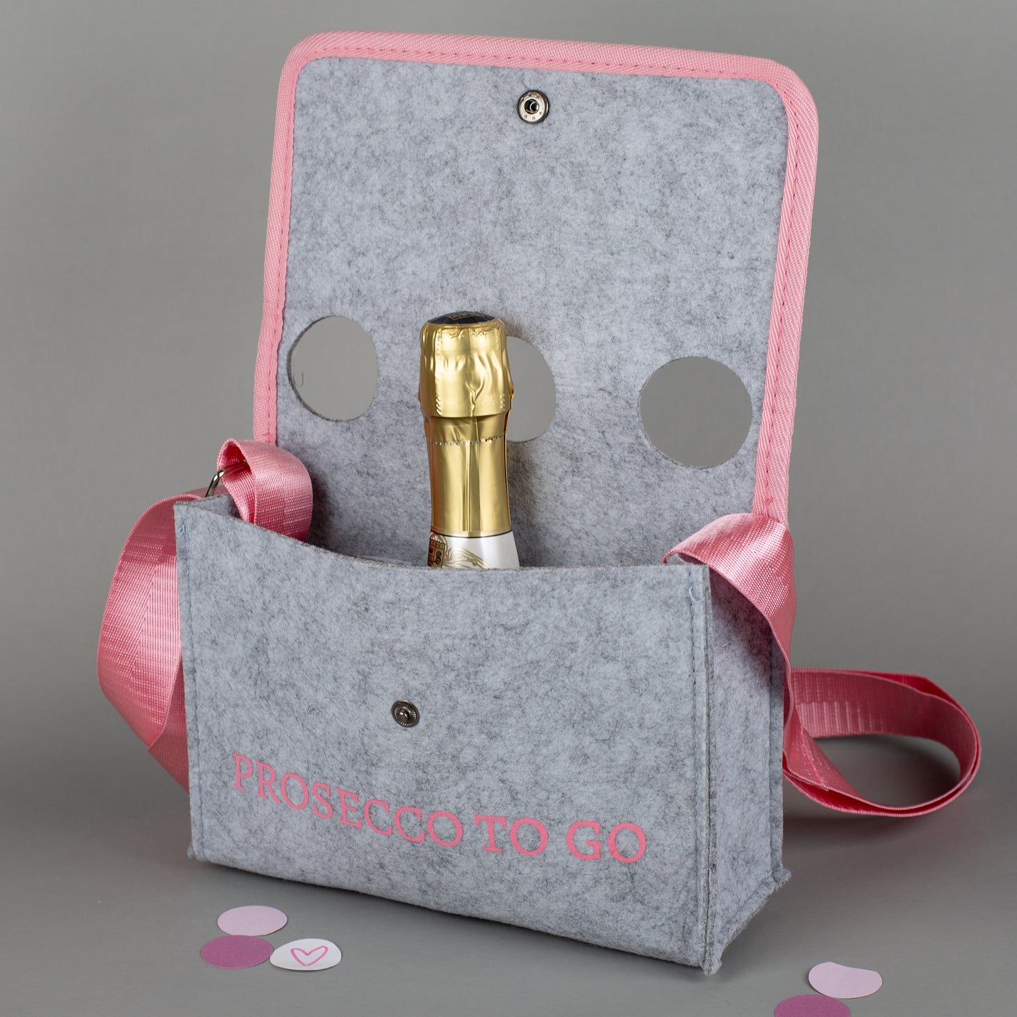 Geöffnete Prosecco to go Umhängetasche mit Platz für Flaschen