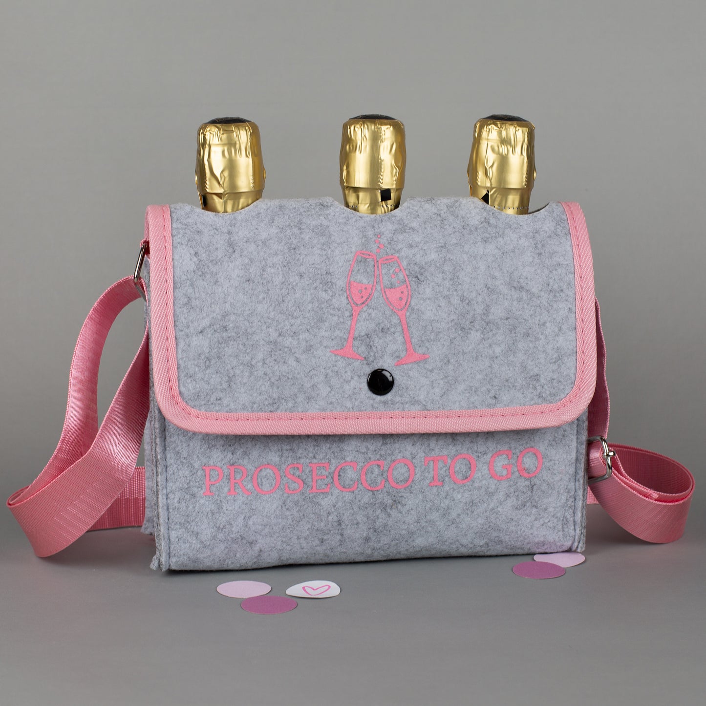 Prosecco to go Tasche frontal mit sichtbaren Flaschenhälse