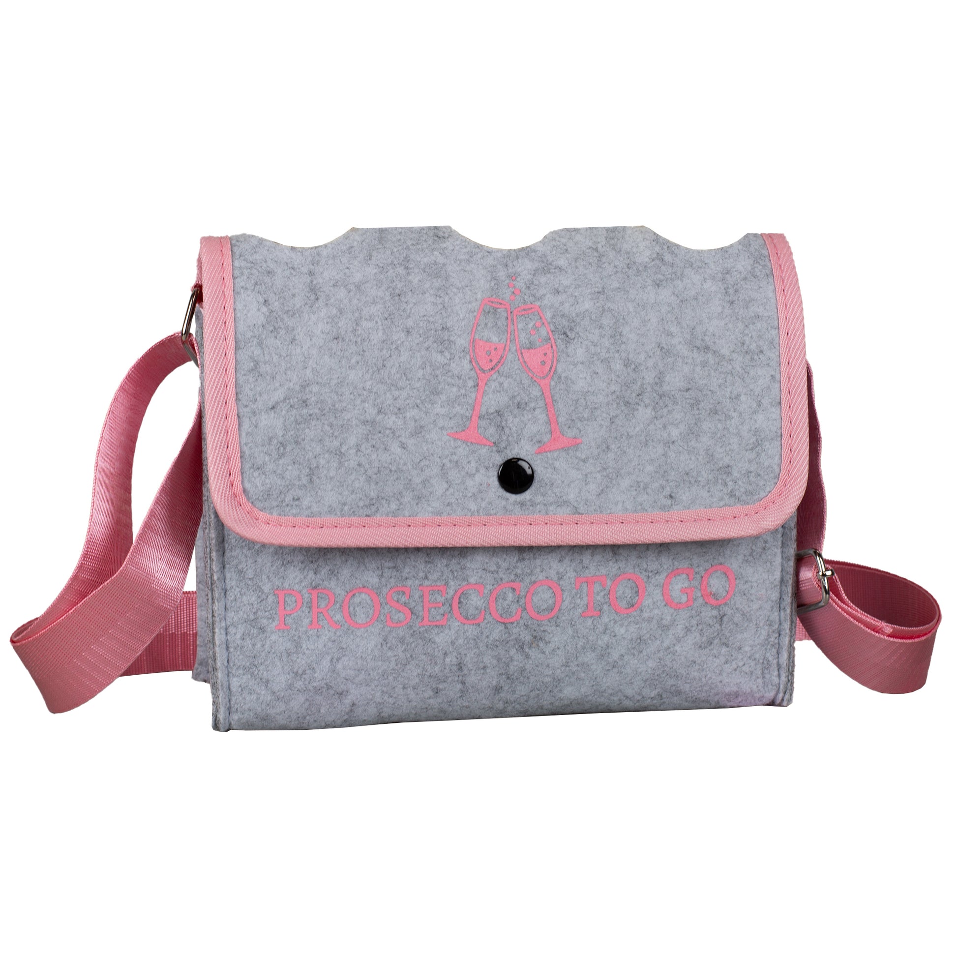 Freigestellte hellgraue Umhängetasche „Prosecco to go“ auf weißem Hintergrund