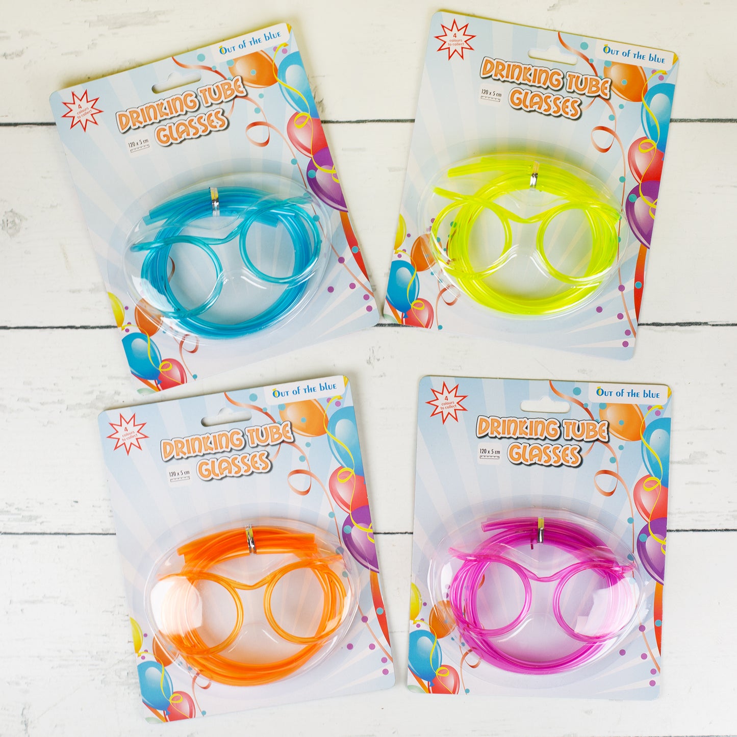 Trinkschlauch-Brille als Partyartikel – alle vier Farben Orange, Gelb, Blau und Pink im Überblick