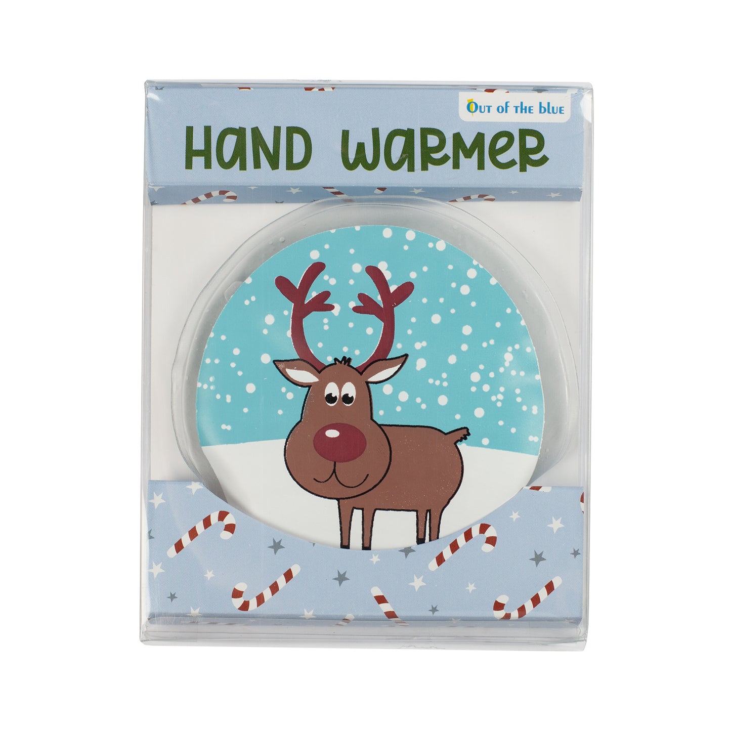 Verpackter Rentier-Handwärmer mit winterlichem Design und Zuckerstangen-Muster