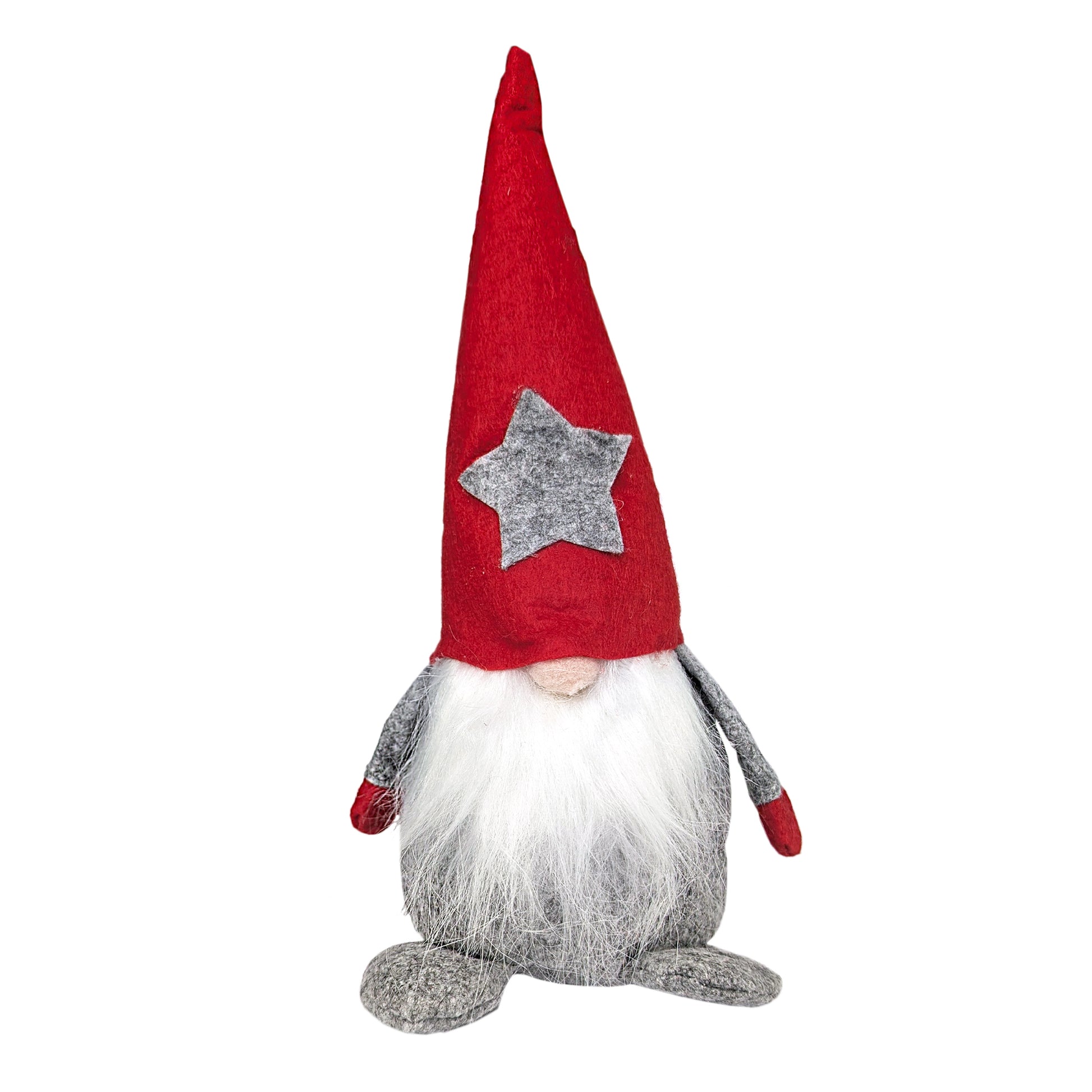 Weihnachtswichtel mit roter Mütze und Stern aus Filz freigestellt auf weißem Hintergrund
