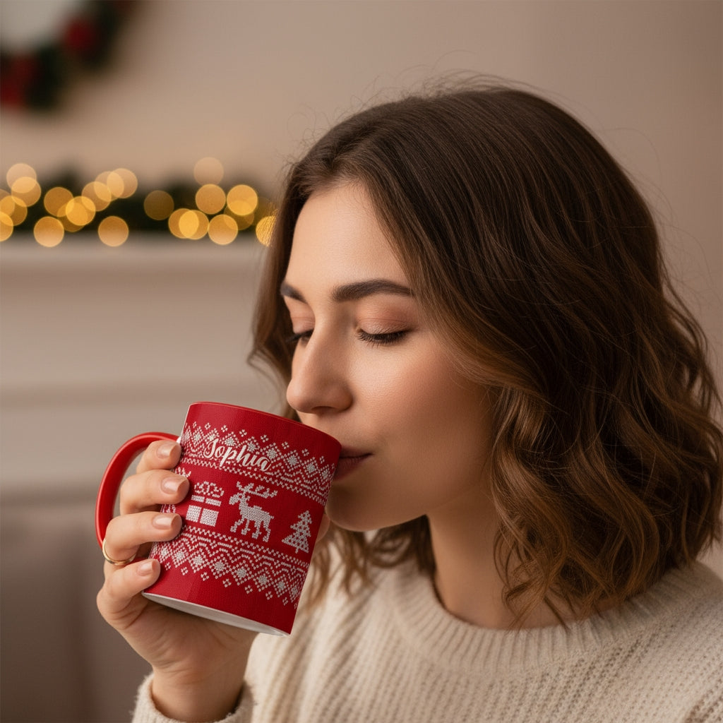 Frau trinkt aus roter Weihnachtstasse im Strickmuster-Design mit Rentieren und Tannenbaum-Motiv