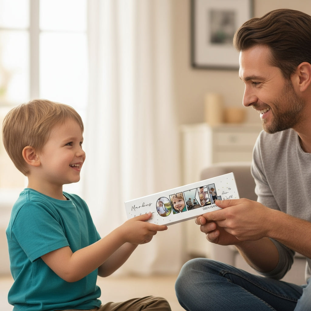 Junge überreicht die XXL-Schokolade mit Fotos und Wunschtext seinem Onkel