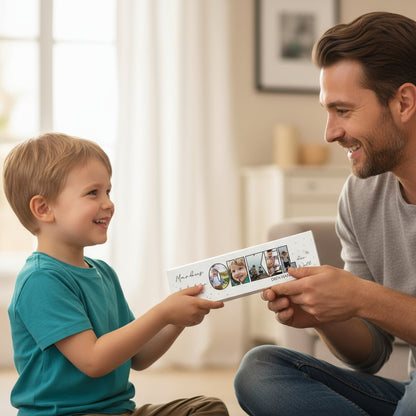 Junge überreicht die XXL-Schokolade mit Fotos und Wunschtext seinem Onkel