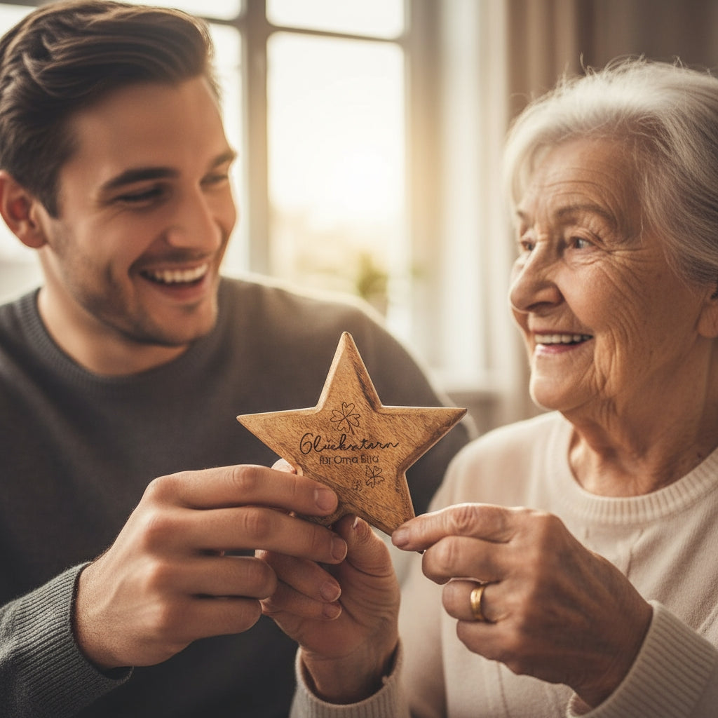  Ein Mann schenkt seiner Oma den Glücksstern aus Holz mit Gravur