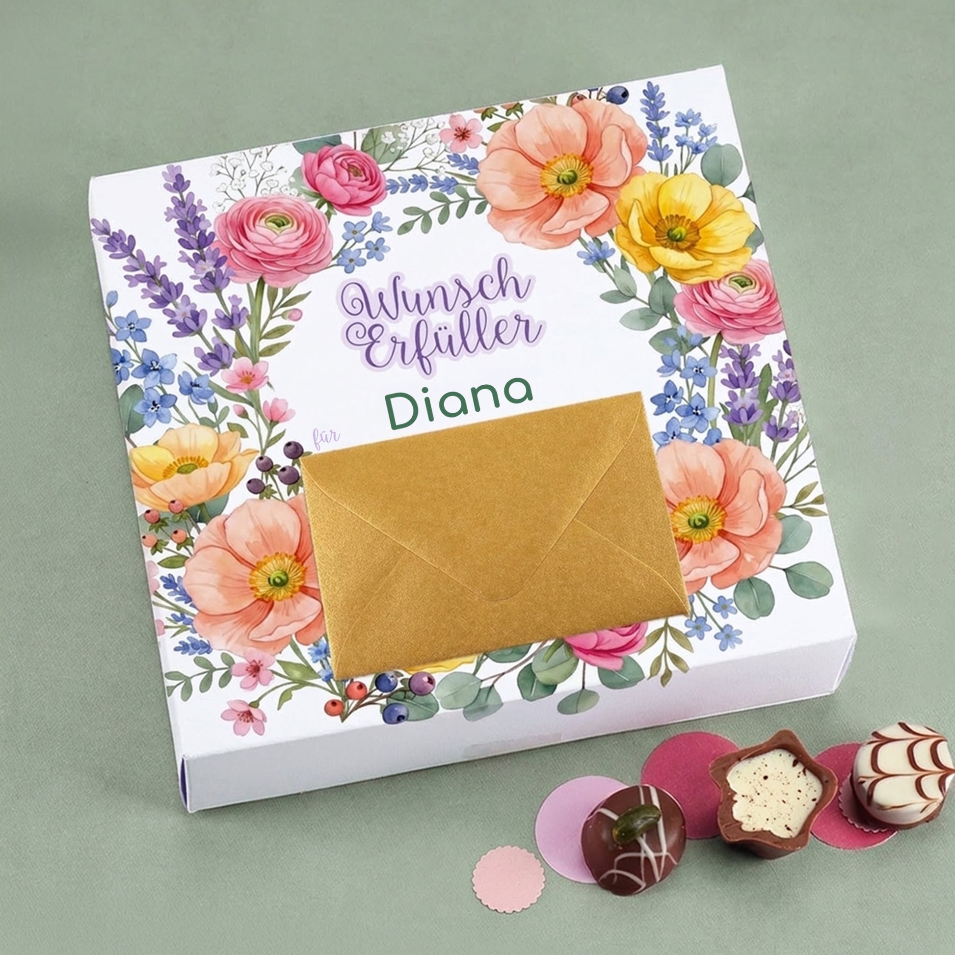 Personalisierte Lindt Pralinen Wunscherfüller mit Name Diana, Blumenmotiv und goldenem Geldumschlag