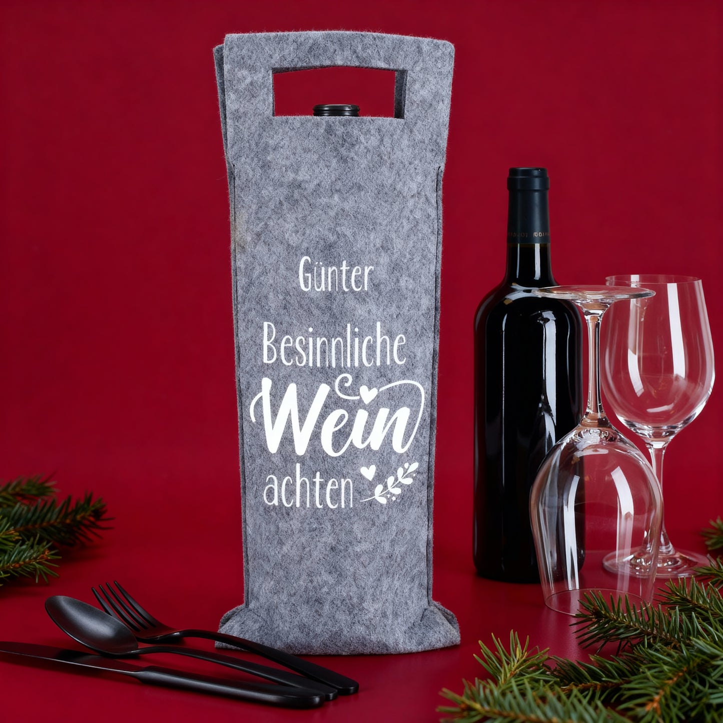 Personalisierte Weintasche aus grauem Filz mit weihnachtlichem Motiv und Spruch „Besinnliche WEINachten“, ideale Geschenkverpackung für Flaschen