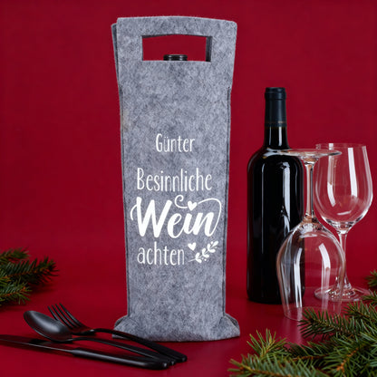 Personalisierte Weintasche aus grauem Filz mit weihnachtlichem Motiv und Spruch „Besinnliche WEINachten“, ideale Geschenkverpackung für Flaschen