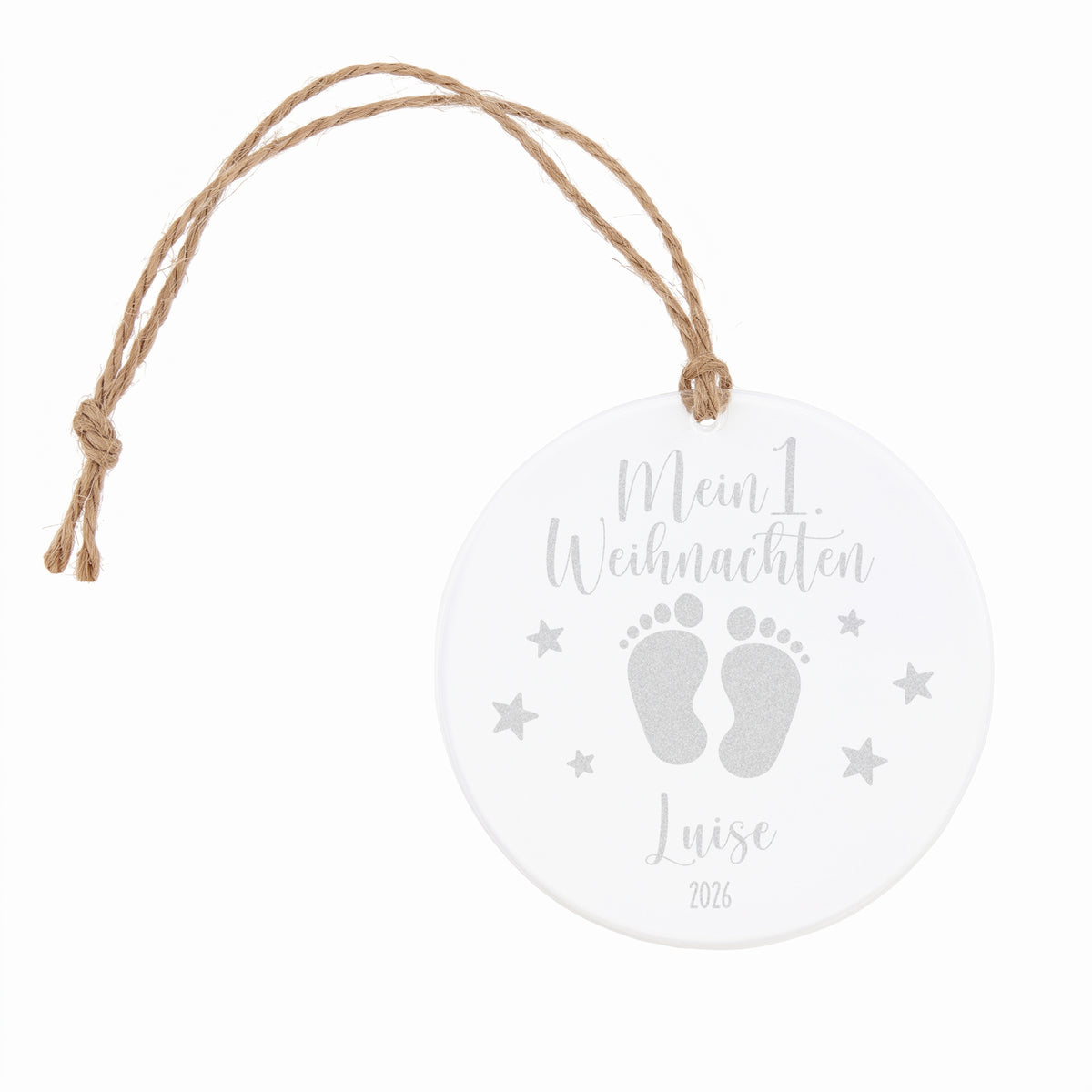 Personalisierter Weihnachtsbaumschmuck aus Acryl mit Babyfüßen, Name und „Mein 1. Weihnachten“ Motiv