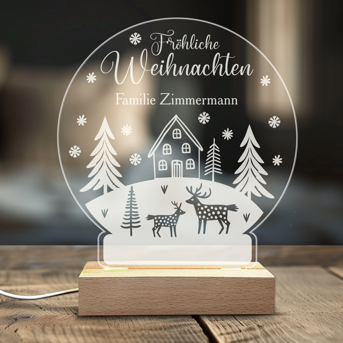 LED Licht personalisiert mit Wunschtext & Acrylglas in Schneekugelform –