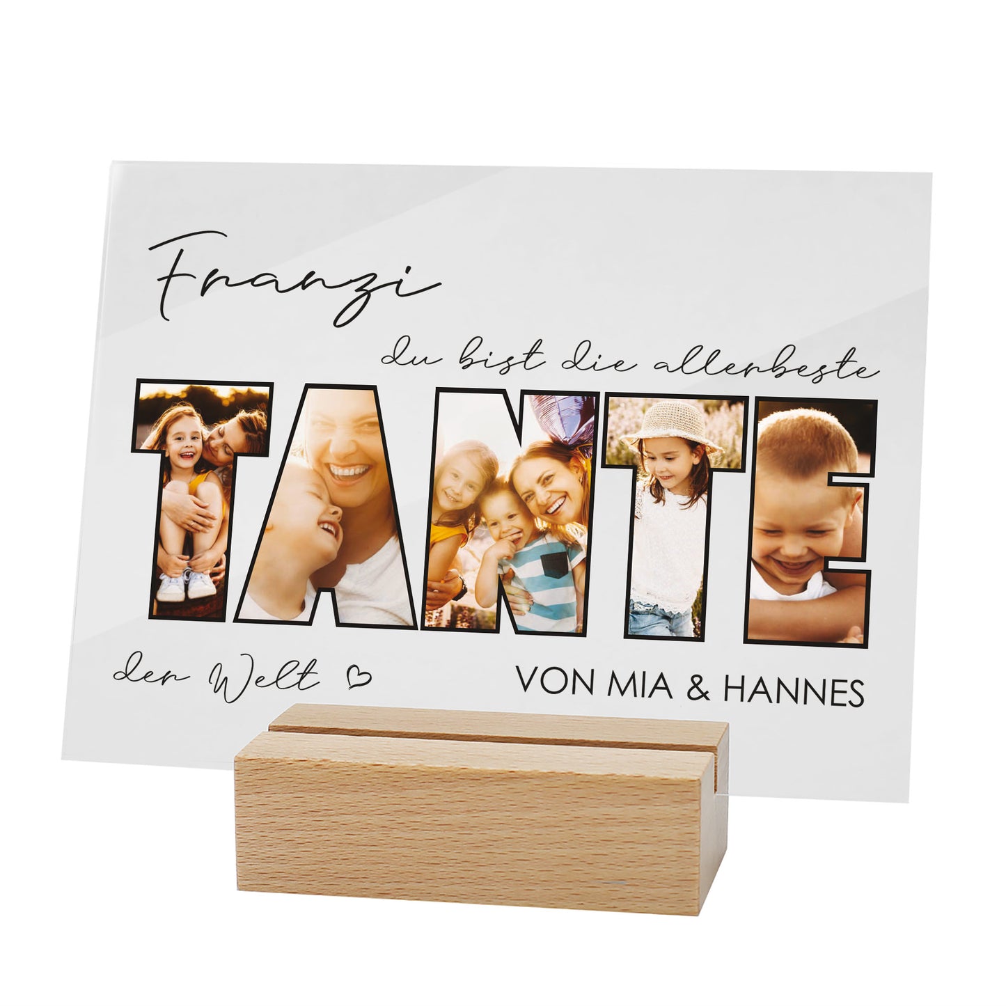 Freigestelltes Acrylbild mit personalisierten Fotos im Schriftzug „TANTE“ und Holzsockel