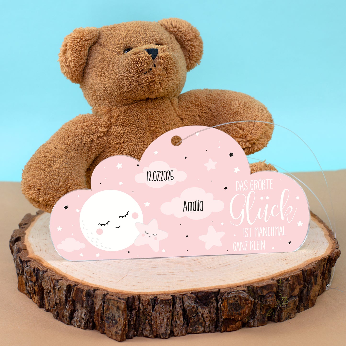 Acryl Anhänger rosa Wolke zur Geburt personalisiert mit Name & Geburtsdatum | Deko für Mädchen