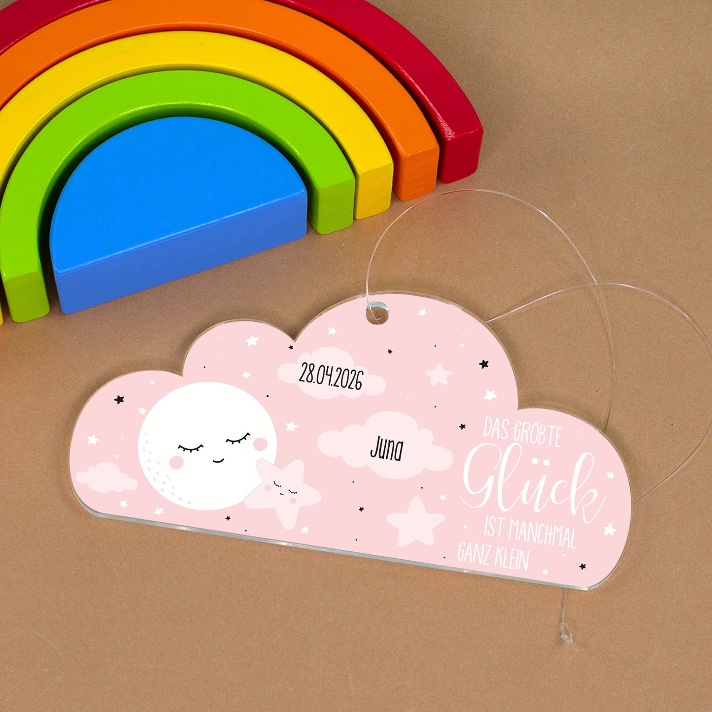 Acryl Anhänger rosa Wolke zur Geburt personalisiert mit Name & Geburtsdatum | Deko für Mädchen