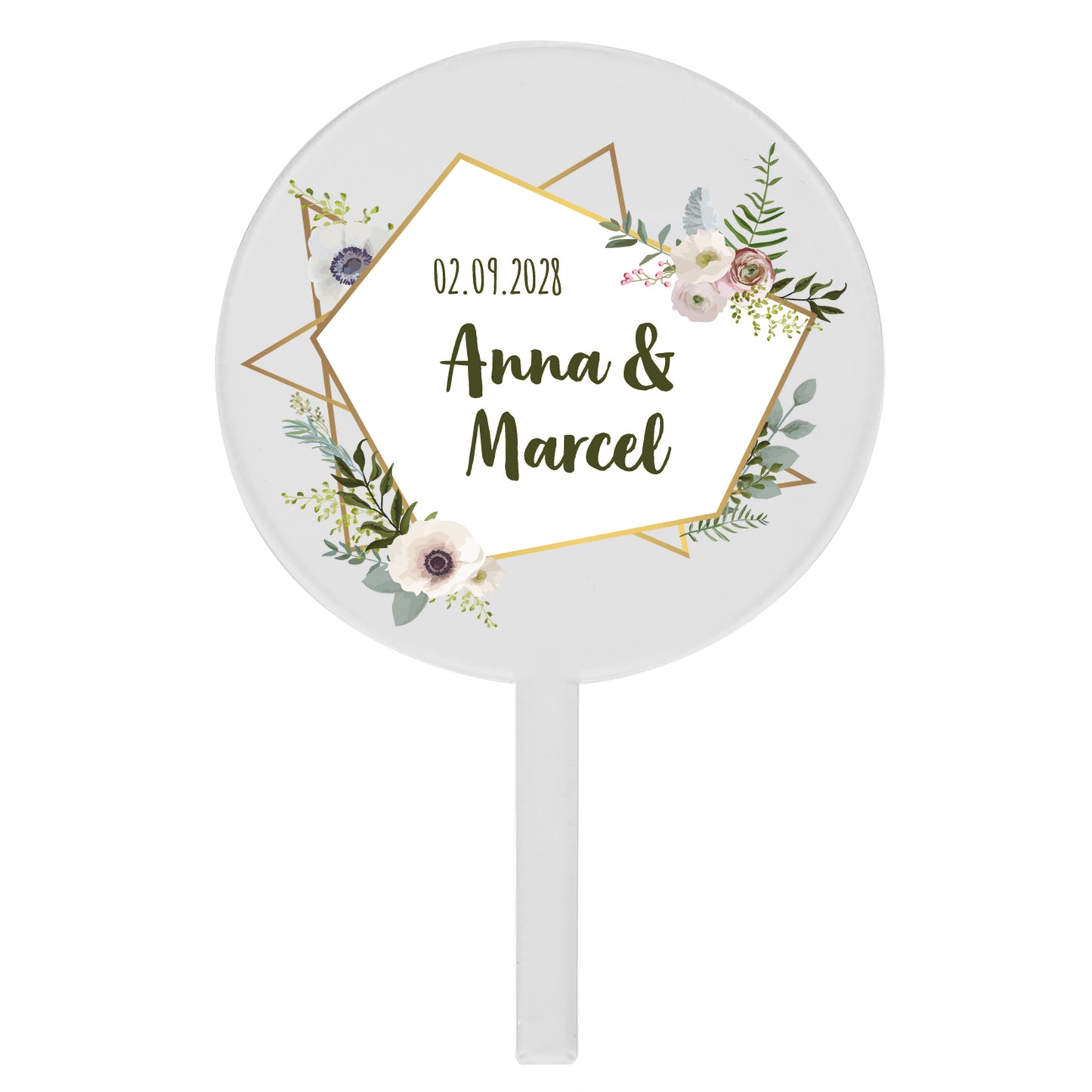 Runder Acryl Tortentopper Hochzeit mit Namen und Datum, florales Design mit Goldrahmen freigestellt
