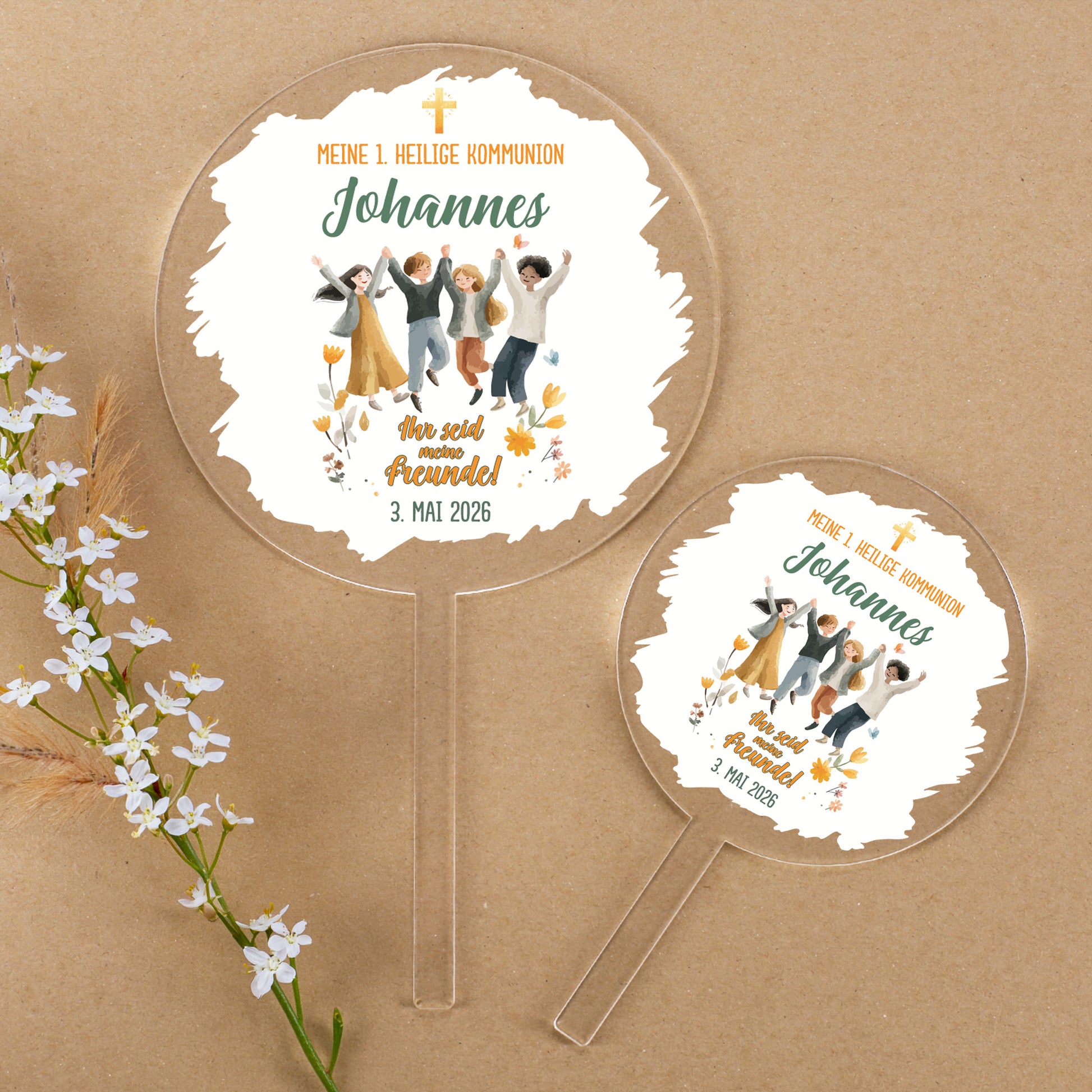 Zwei Größen Tortentopper zur Kommunion aus transparentem Acryl mit Name und Datum