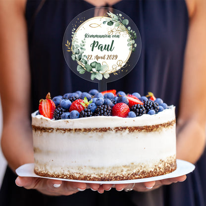 Acryl-Tortentopper Kommunion mit Eukalyptuskranz, Name Paul und Datum auf Beerentorte