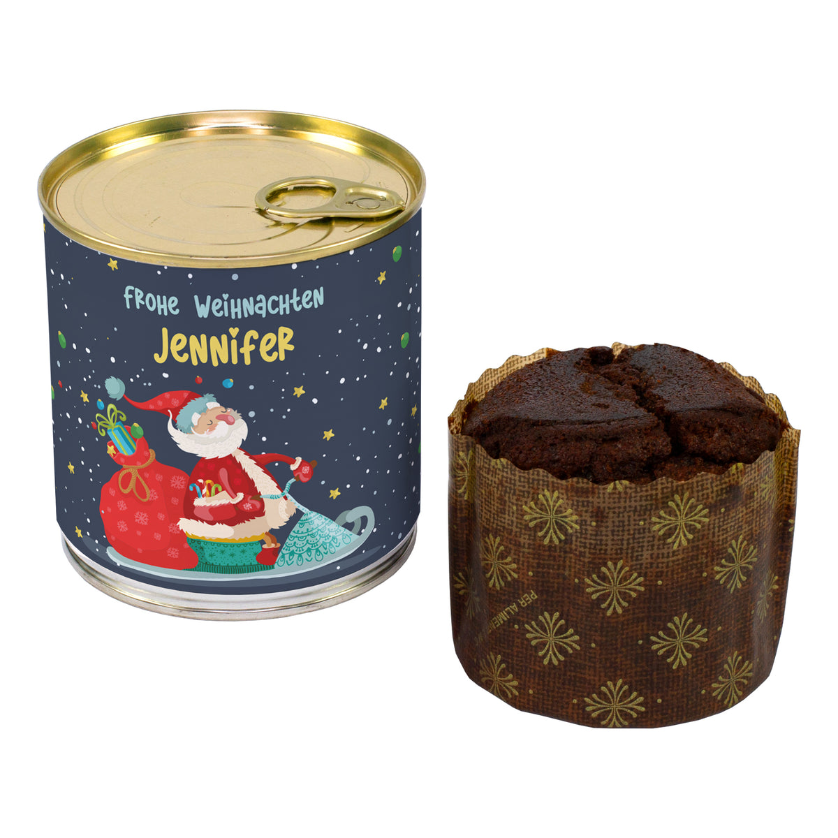 Freigestellter personalisierter Dosenkuchen zu Weihnachten mit Name Jennifer und 140 g Schokoladen-Brownie neben der Dose