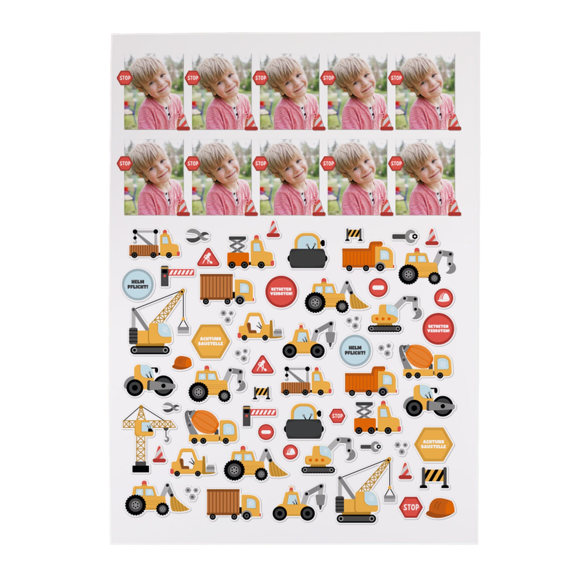 Stickerbogen mit Fotoaufklebern und Baufahrzeug-Motiven, Baggern und Schildern auf weißem Hintergrund