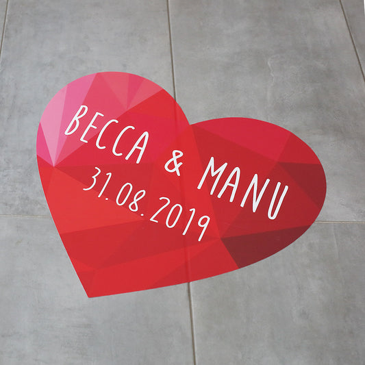 XL Fußbodenaufkleber 60x54cm zur Hochzeit mit Polygonherz, Namen und Datum