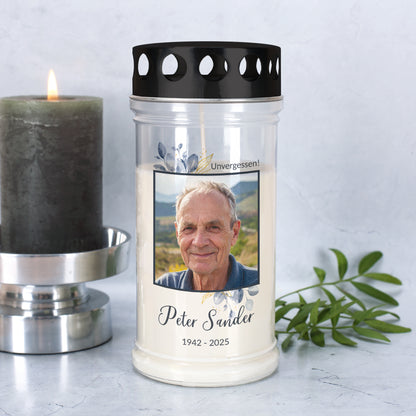 Grabkerze mit Foto, Blättern, Name und Datum – kleine Version