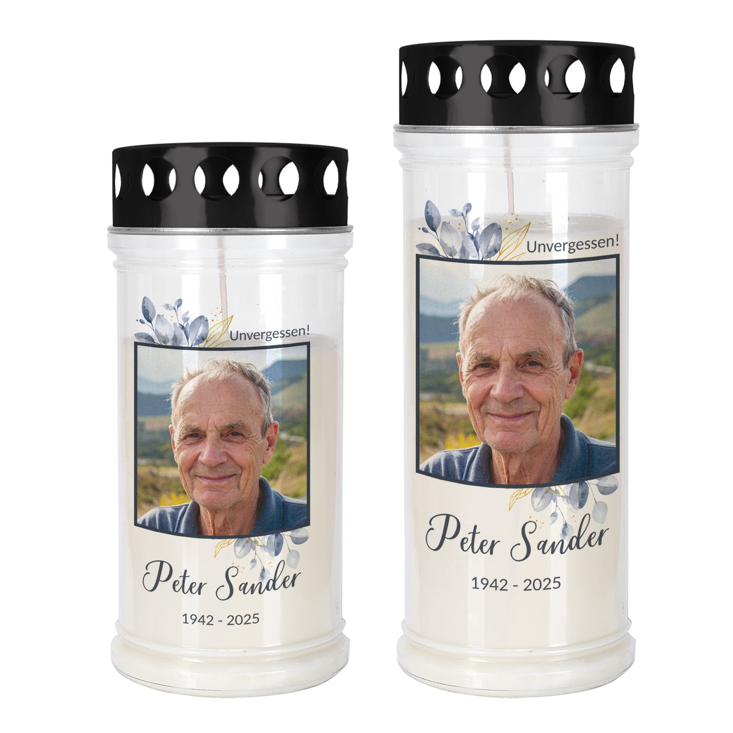 Zwei Größen Grablichter mit Foto, Blätter-Motiv und Personalisierung