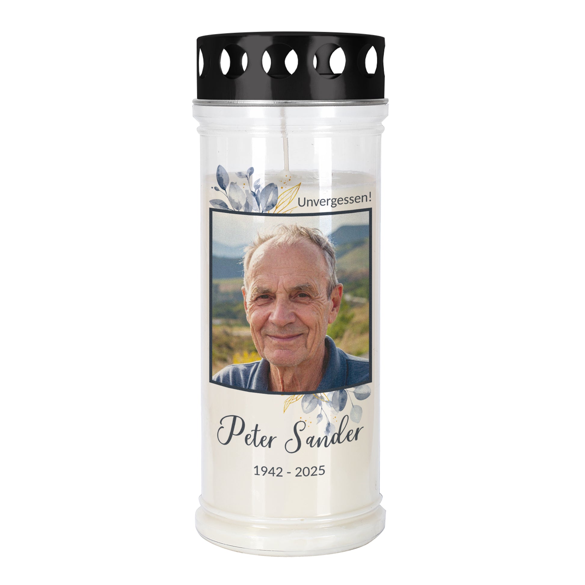 Grabkerzen mit Foto, Name und Datum im Blätter-Design – große Version