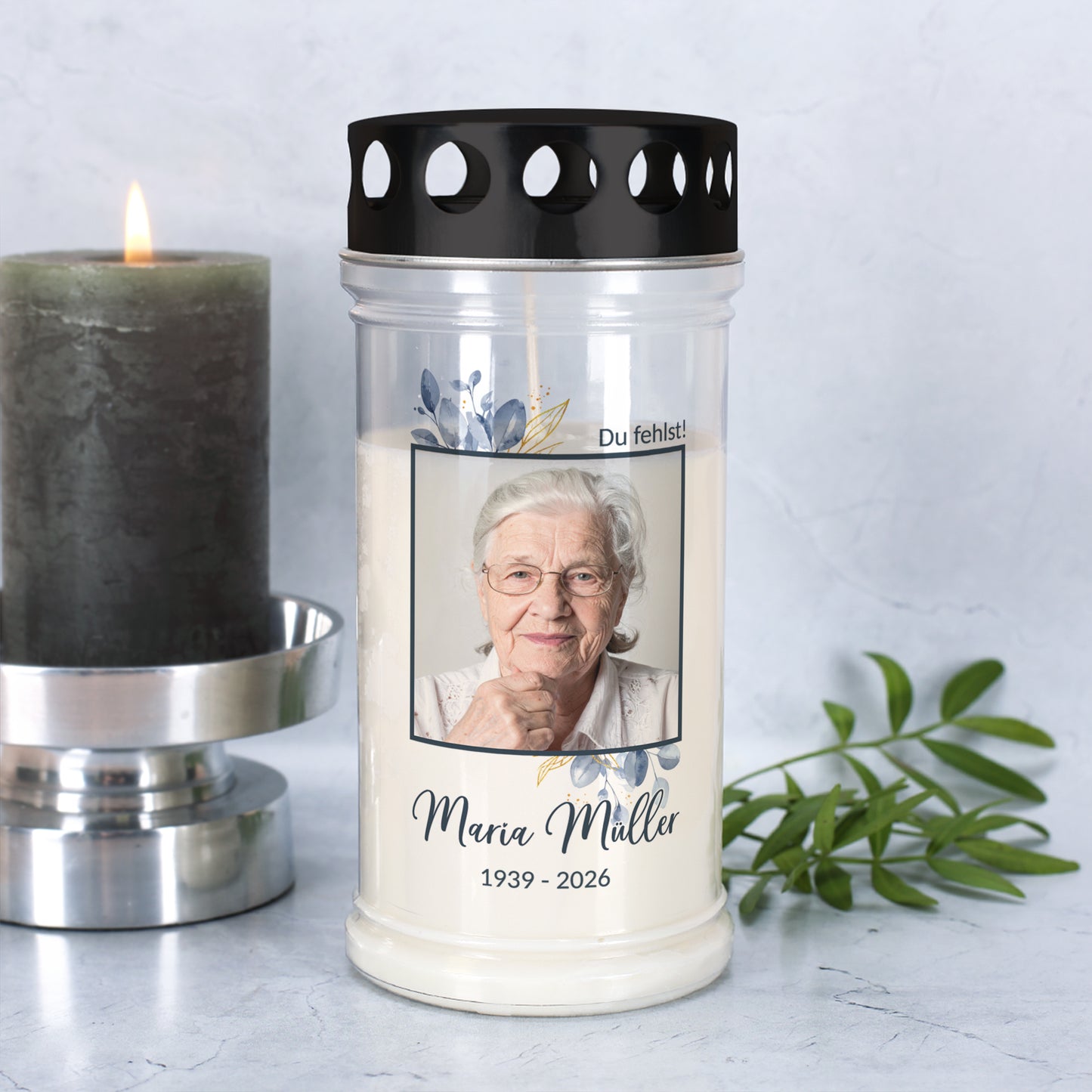 Grablicht mit Foto & Blätter-Design – individuell mit Name und Datum