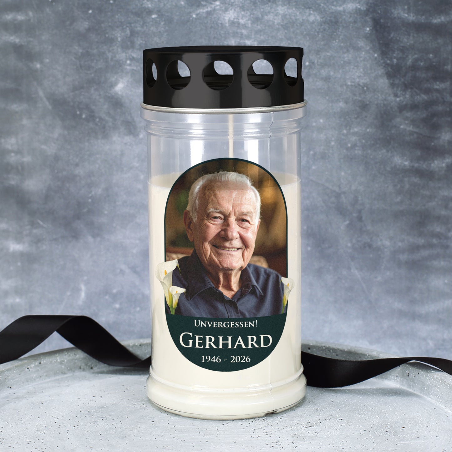 Grablicht mit Calla-Motiv und individuellem Bild – Erinnerungslicht für Friedhof