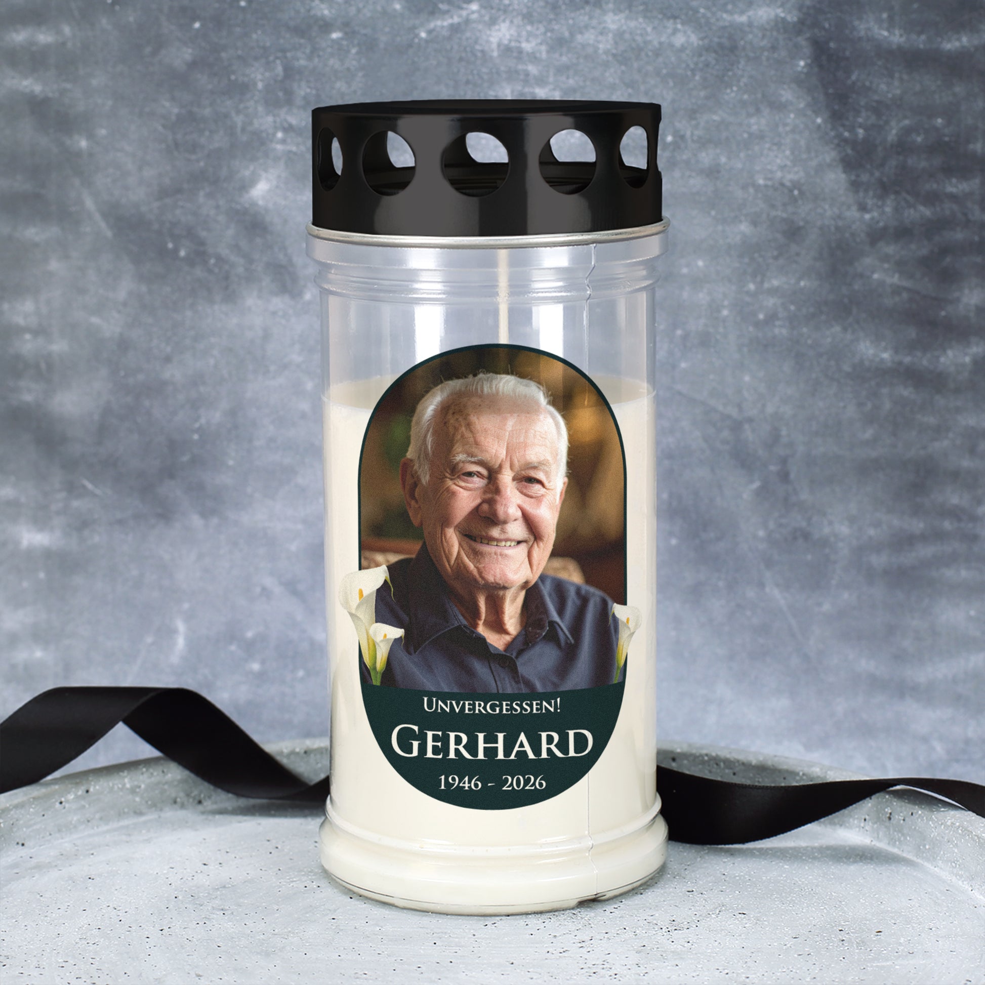 Grablicht mit Calla-Motiv und individuellem Bild – Erinnerungslicht für Friedhof
