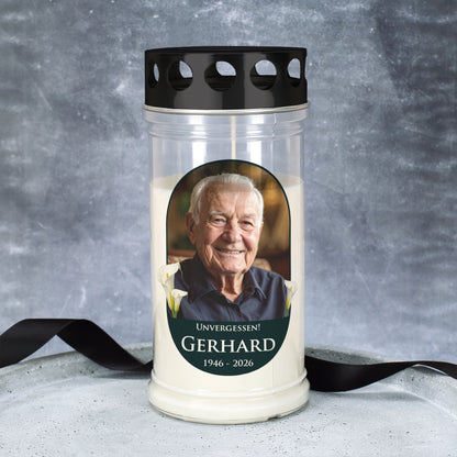 Grablicht mit Calla-Motiv und individuellem Bild – Erinnerungslicht für Friedhof