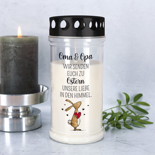 Grabkerze zu Ostern mit Wunschtext und Osterhase als Erinnerungslicht
