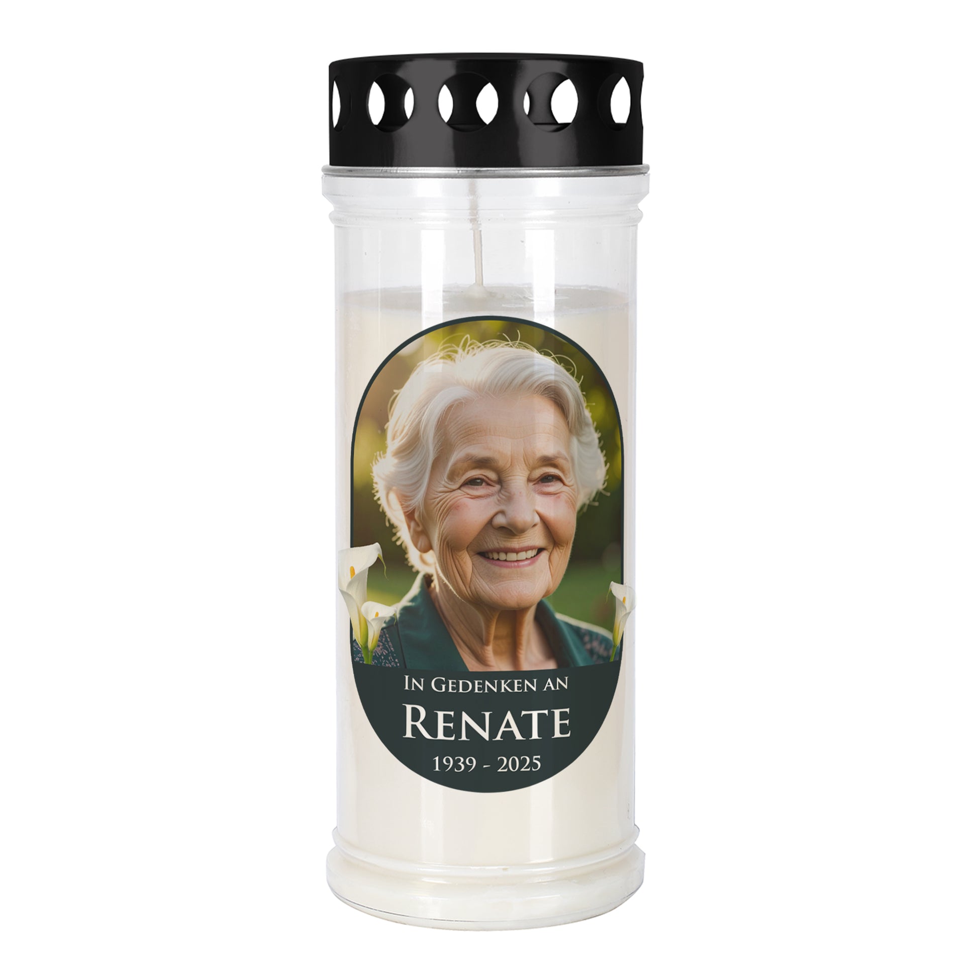 Personalisierte Calla-Grabkerze mit Foto – große Ausführung