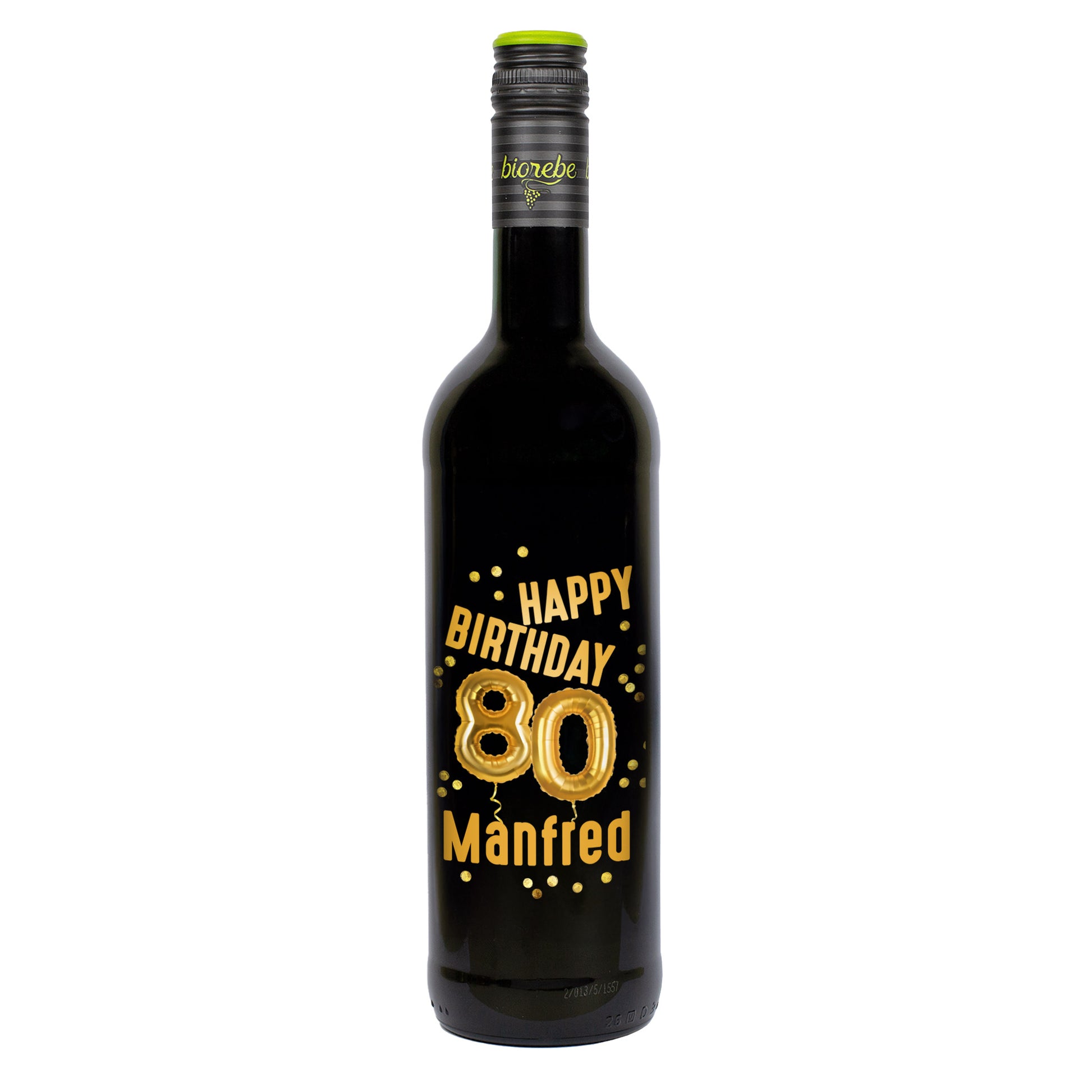 Rotweinflasche Biorebe Dornfelder mit goldenem Ballon-Motiv zum 80. Geburtstag und Name Manfred