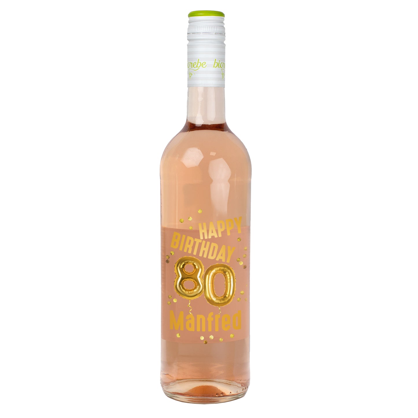 Roséweinflasche Biorebe Sangiovese Rosé mit goldenem Ballon-Motiv zum 80. Geburtstag und Name Manfred