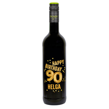 Rotweinflasche mit goldenem „Happy Birthday 90 Helga“-Aufdruck und Ballon-Design, freigestellt