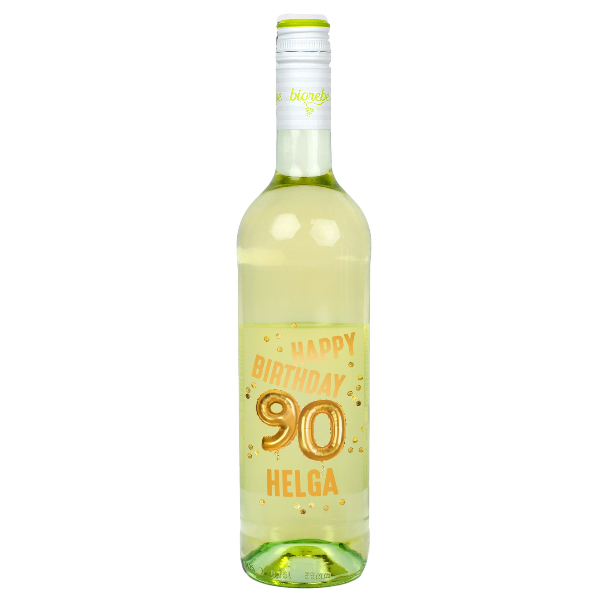 Weißweinflasche mit goldenem „Happy Birthday 90 Helga“-Aufdruck und Ballon-Design vor hellem Hintergrund