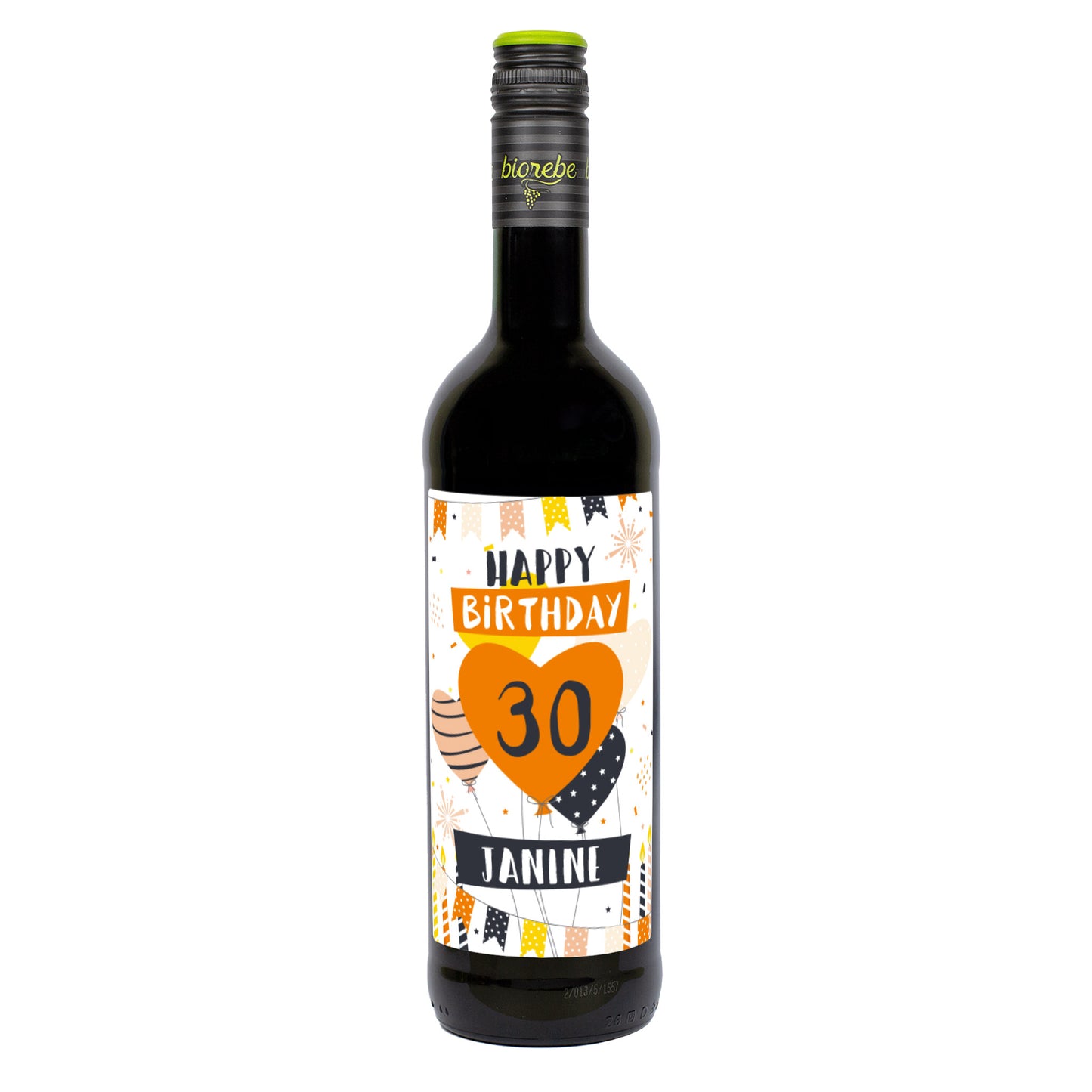 Rotweinflasche mit personalisiertem Etikett „Happy Birthday 30 Janine“, im Party-Design mit Luftballons und Konfetti, freigestellt auf weißem Hintergrund.