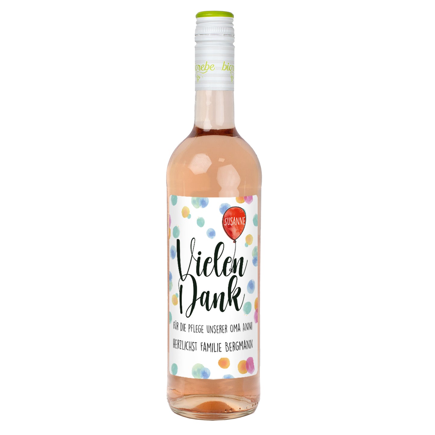 Weinflasche Rosé mit buntem Punkte-Design und Dankesaufdruck für Susanne