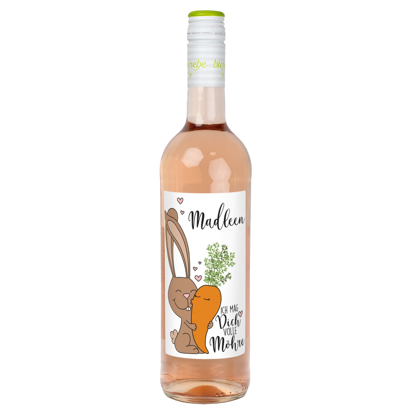 Personalisierte Roséwein-Flasche mit Hase und Möhre Motiv, Oster-Design mit Name Madleen