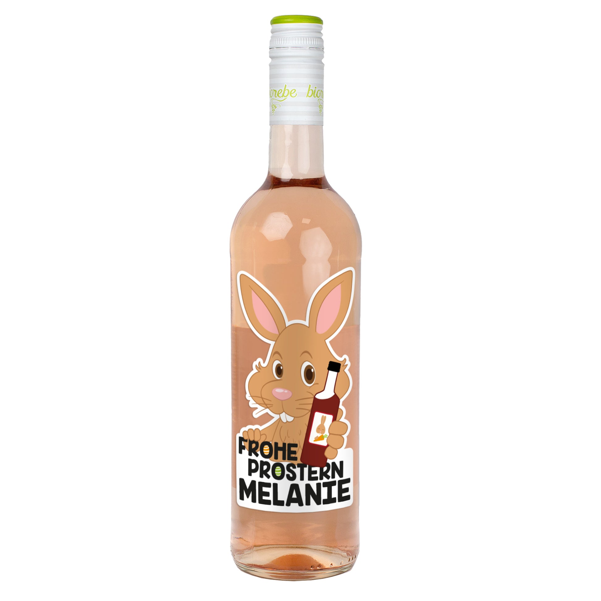 Personalisierte Roséweinflasche mit Osterhasen-Motiv, Schriftzug „Frohe Prostern“ und Name Niklas