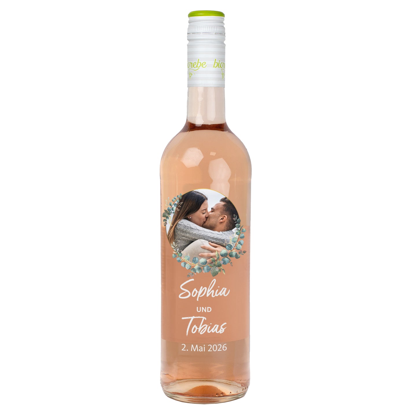 Personalisierte Flasche Roséwein mit Eukalyptus-Design, Foto, Namen „Sophia und Tobias“ und Hochzeitsdatum.