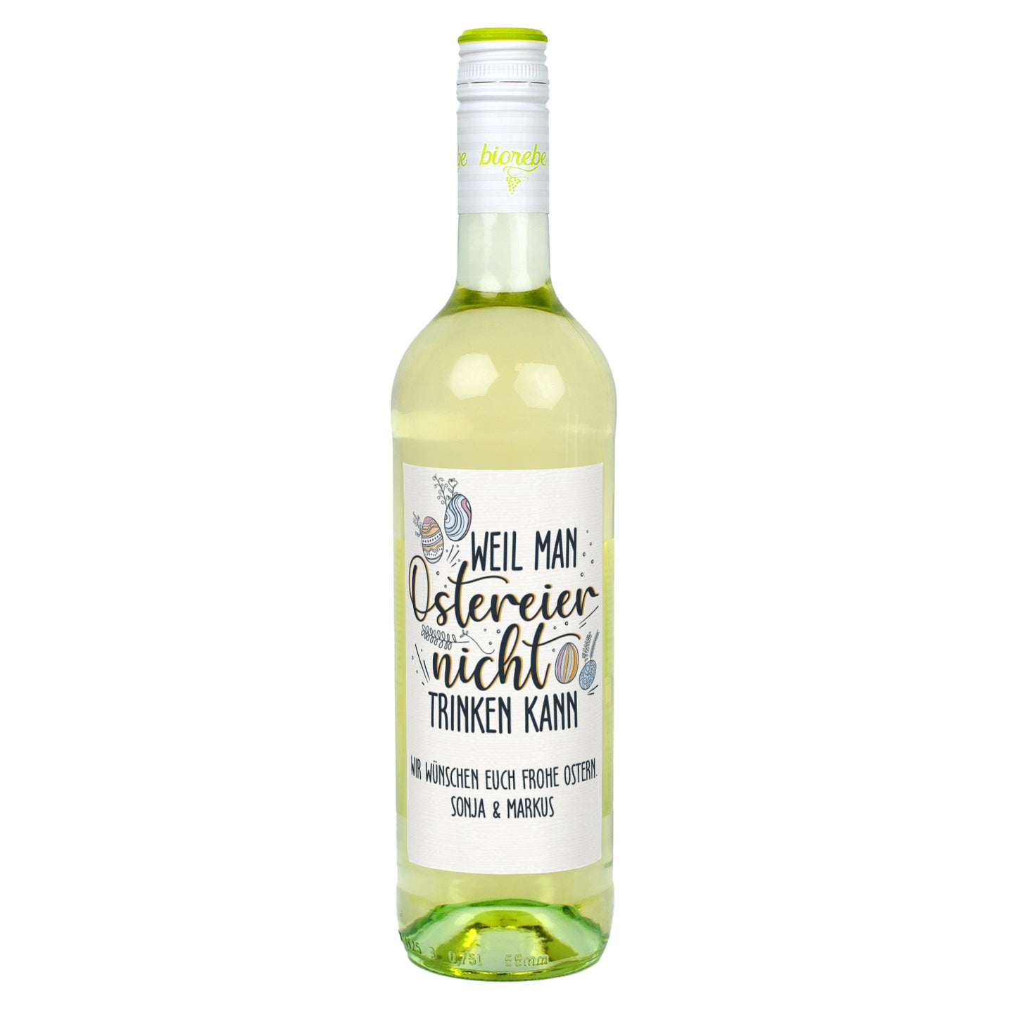 Biorebe Wein zu Ostern mit Wunschtext | „Weil man Ostereier nicht trinken kann“