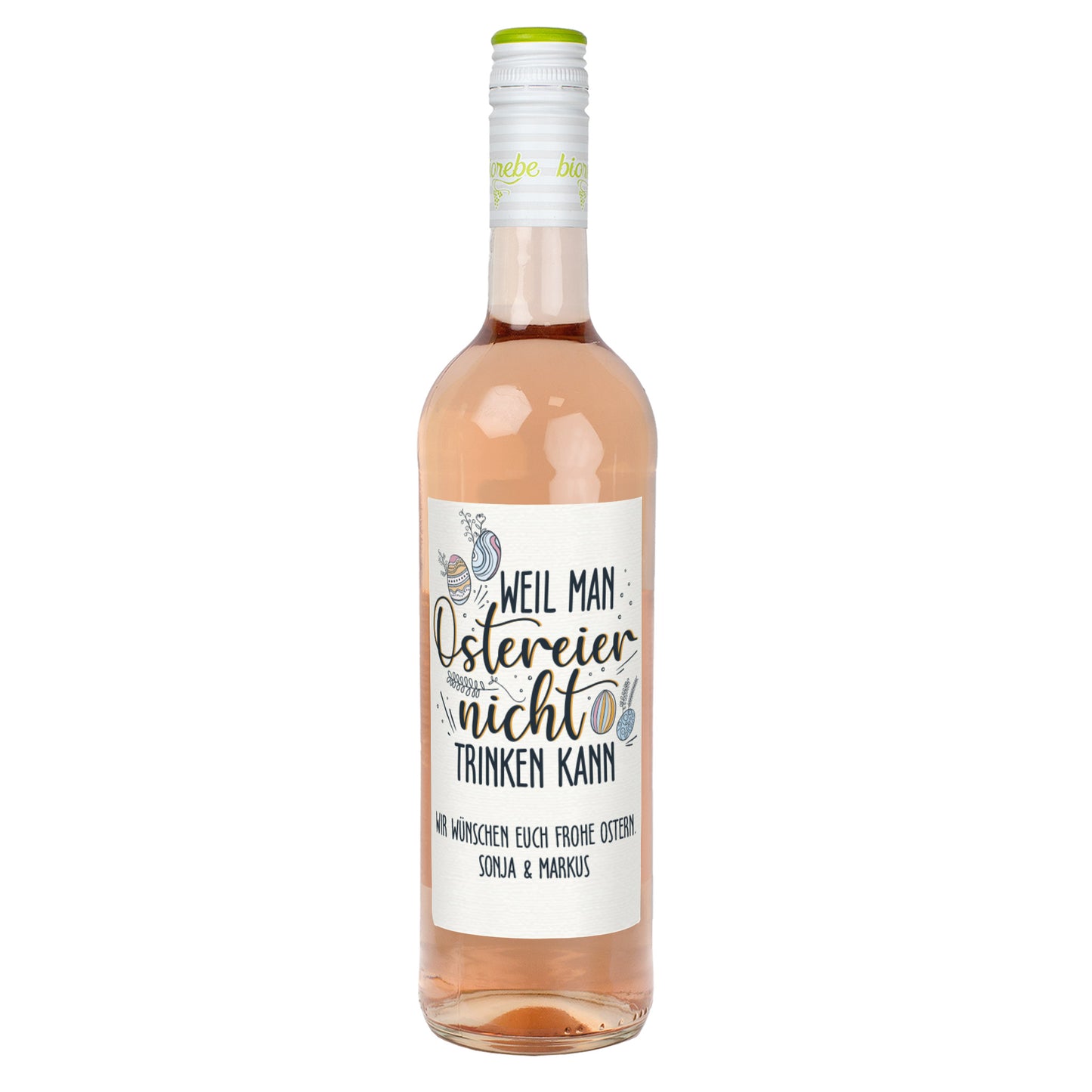 Biorebe Wein zu Ostern mit Wunschtext | „Weil man Ostereier nicht trinken kann“