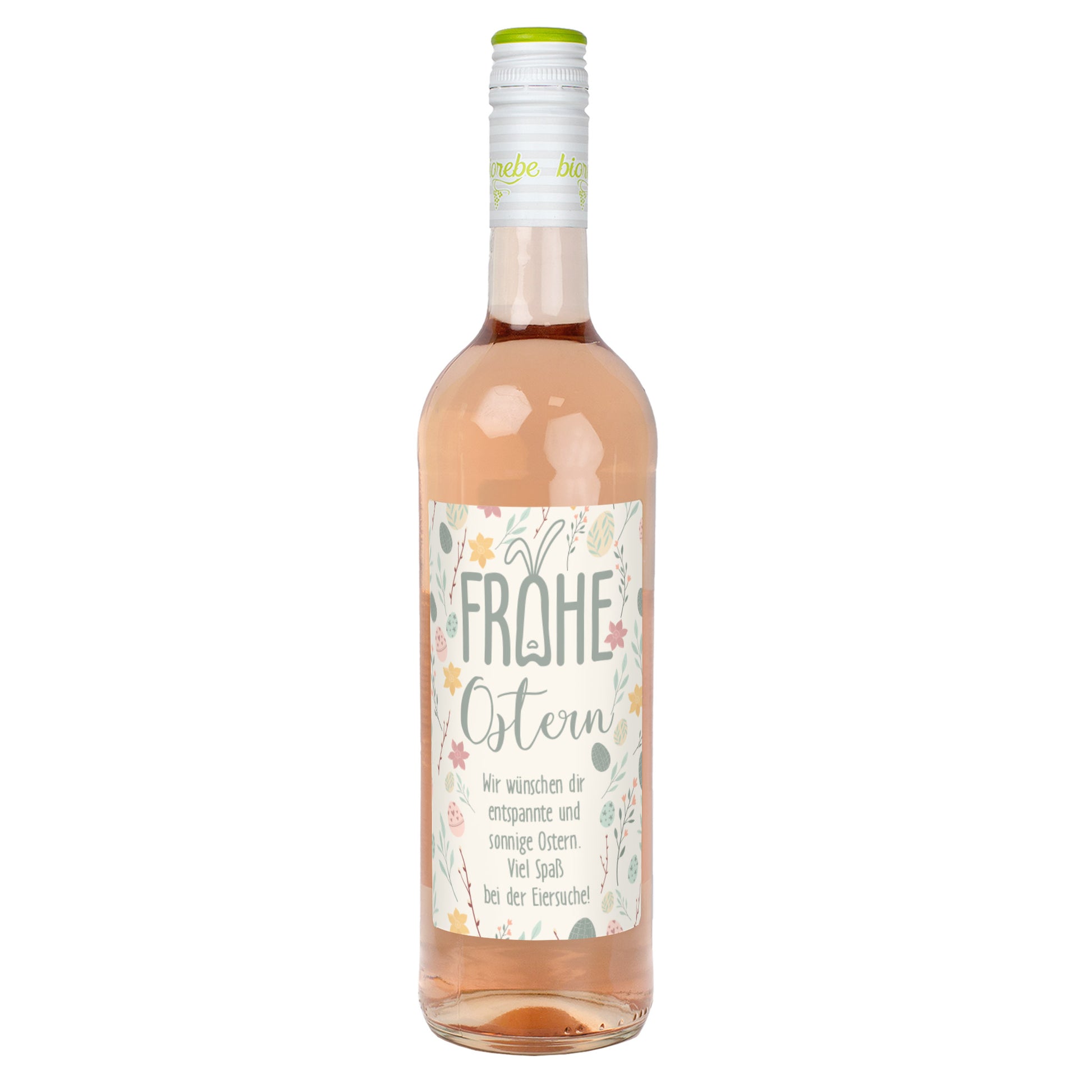 Einzelne Roséweinflasche mit Osteretikett „Frohe Ostern“ auf weißem Hintergrund