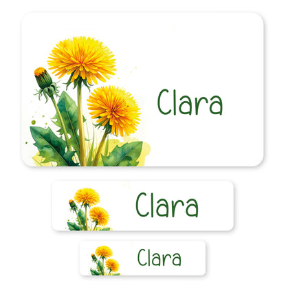 Schulaufkleber-Set mit Löwenzahnmotiv, personalisiert mit Name Clara – 3 Größen im Set