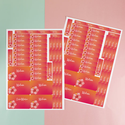 Zwei Aufkleberbögen mit 100 Namensaufklebern im Hibiskus Design für Schule und Einschulung