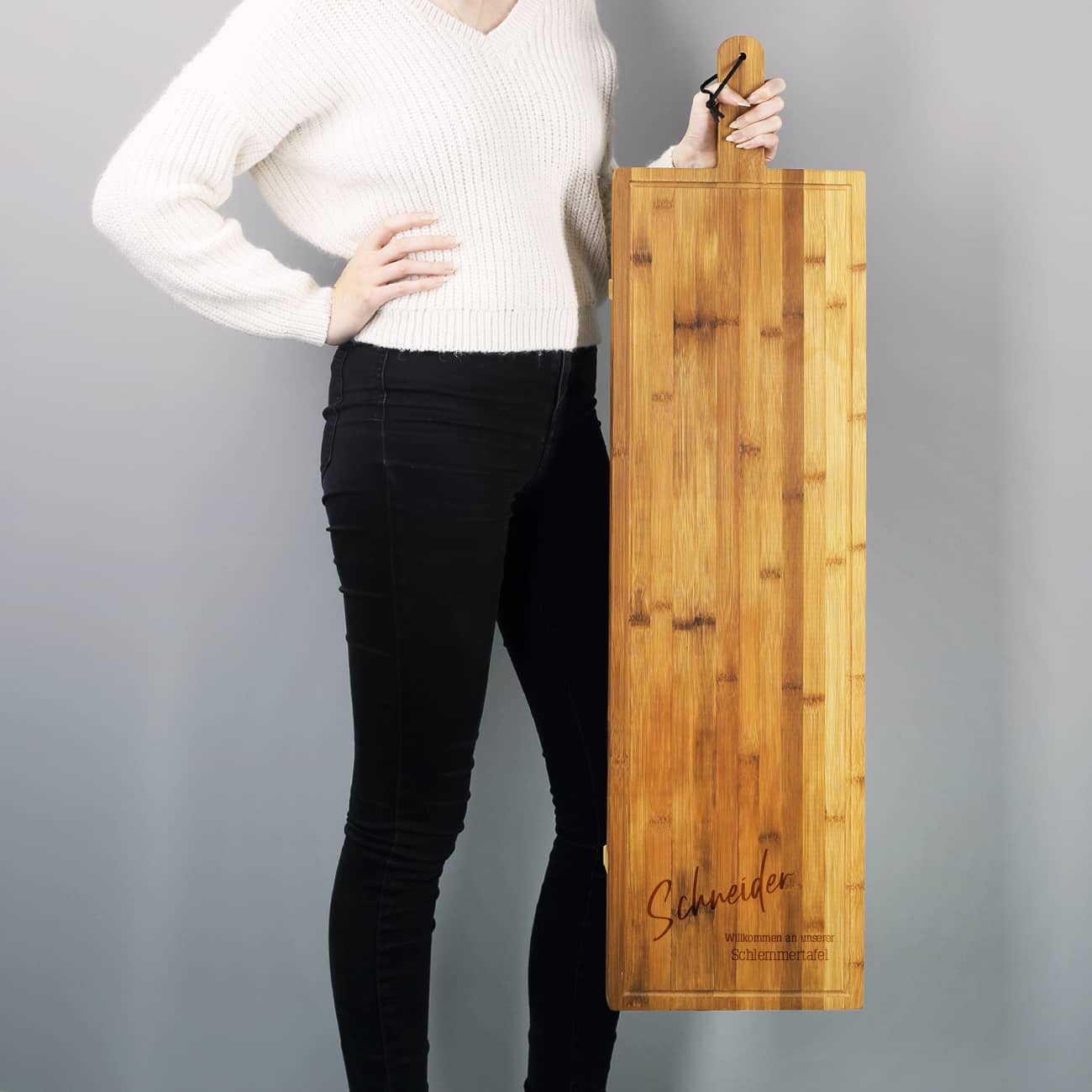 Bambus Servierbrett 1 Meter lang mit Griff und Lederband